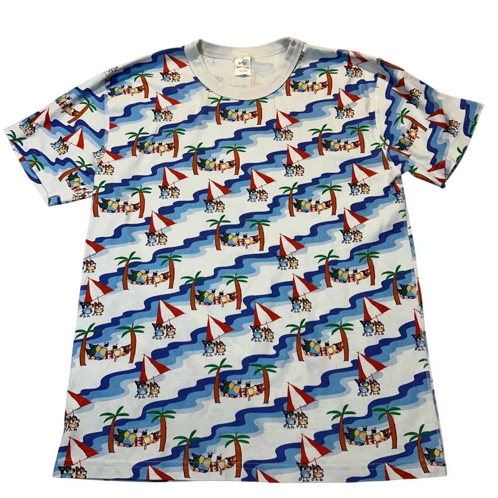 Hanna Andersson Bluey T-Shirt Mens Large Blue Beach Tropical Organic Cotton Tee